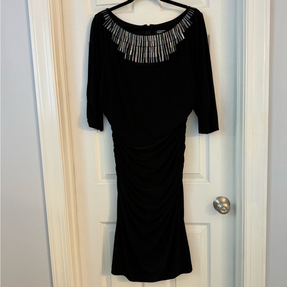 Adrianna papell black beaded 3/4 Sleeve  Evening Bodycon Dress Stretchy 16 - Picture 2 of 15
